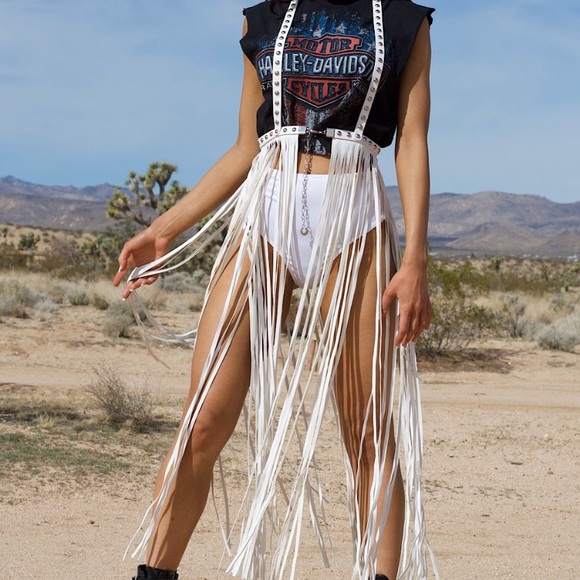 White Studded Fringe Harness Belt/ Swing Skirt - Picture 4 of 7